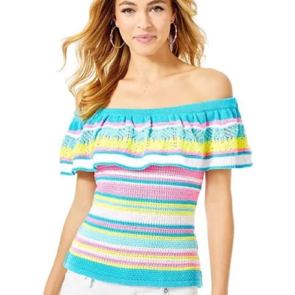Lilly Pulitzer Canaria Sweater Striped Off Shoulder Ruffle Knit Bermuda Blue XS